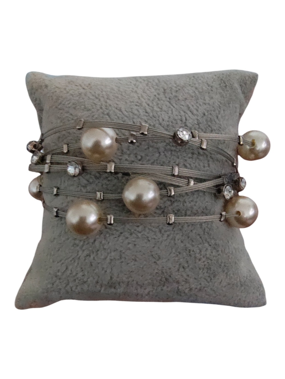 Seasonal Whispers Multi Strand Faux Pearl Bracelet Silver Tone Rhinestone Accent - Picture 3 of 5